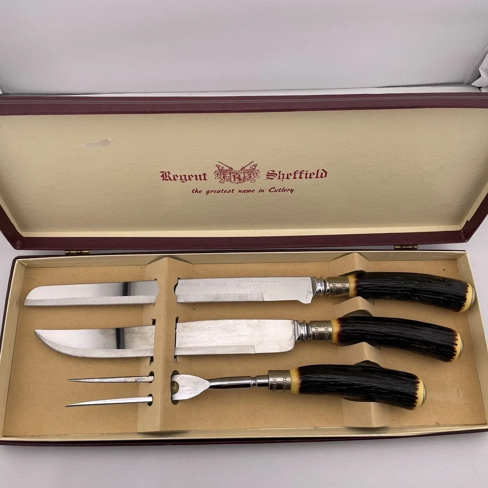 Regent Sheffield Stainless Steel Luxtrex Carving Set 2 Knives‎ 1 Fork Vintage
